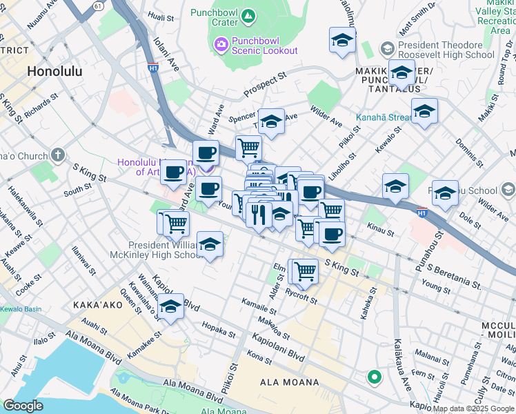 map of restaurants, bars, coffee shops, grocery stores, and more near 1115 South Beretania Street in Honolulu