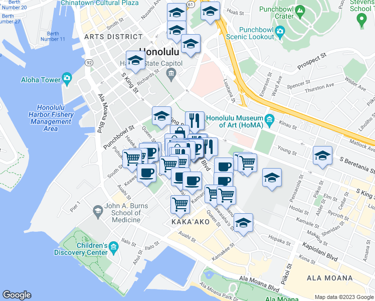 map of restaurants, bars, coffee shops, grocery stores, and more near 711 Kapiolani Boulevard in Honolulu
