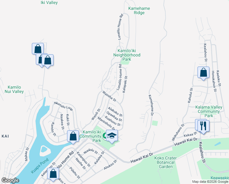 map of restaurants, bars, coffee shops, grocery stores, and more near 976 Lunalilo Home Road in Honolulu