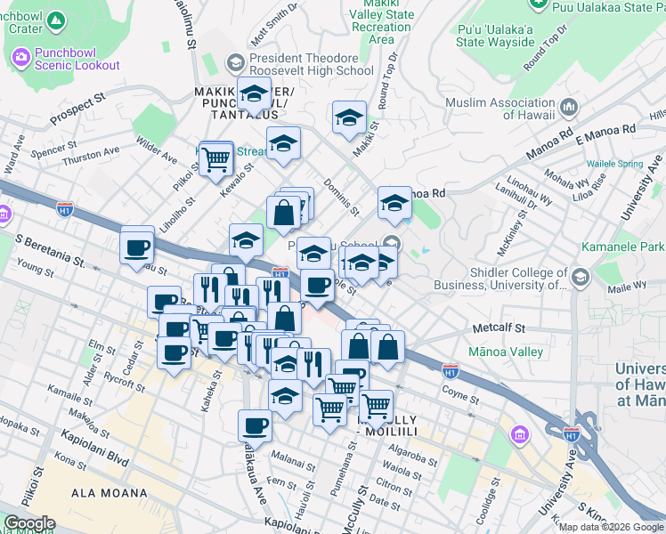map of restaurants, bars, coffee shops, grocery stores, and more near 1511 Punahou Street in Honolulu