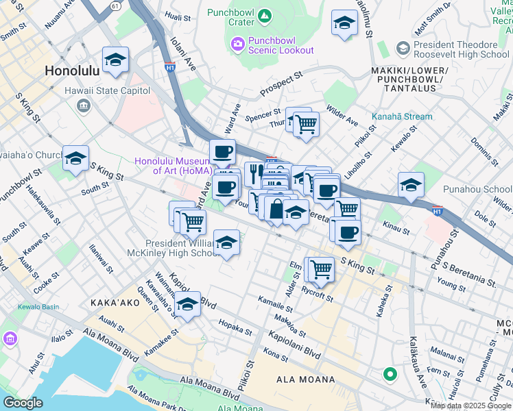map of restaurants, bars, coffee shops, grocery stores, and more near 1061 Young Street in Honolulu
