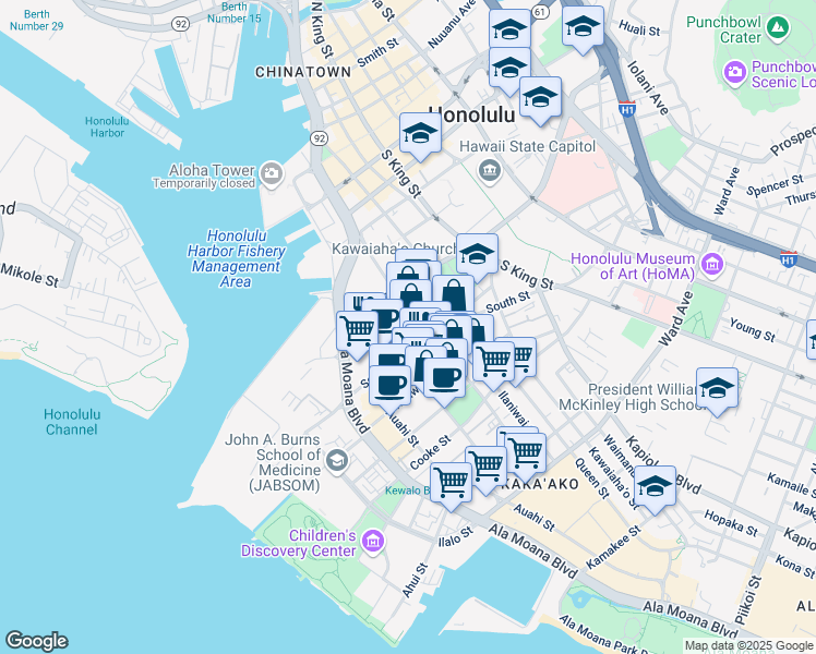 map of restaurants, bars, coffee shops, grocery stores, and more near 556 Reed Lane in Honolulu