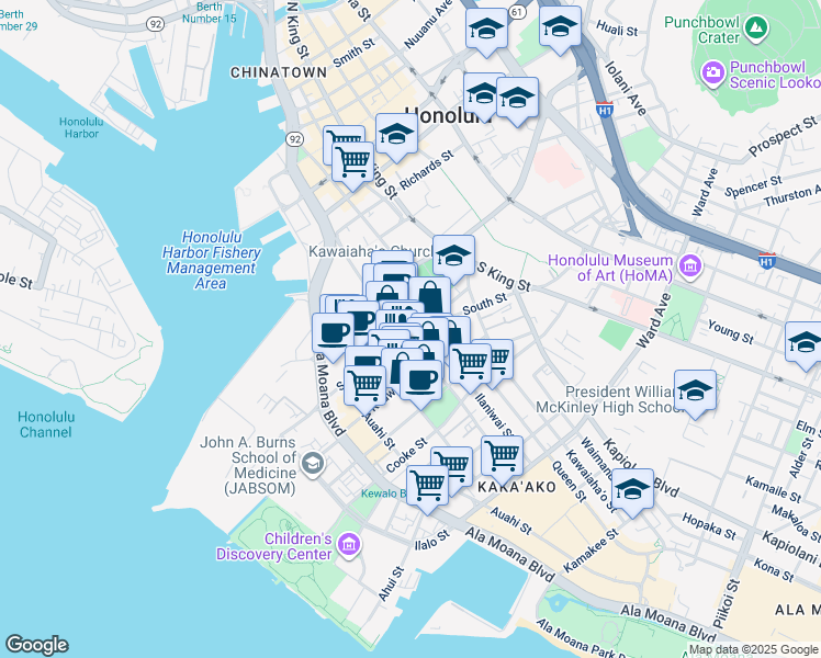 map of restaurants, bars, coffee shops, grocery stores, and more near 614 South Street in Honolulu