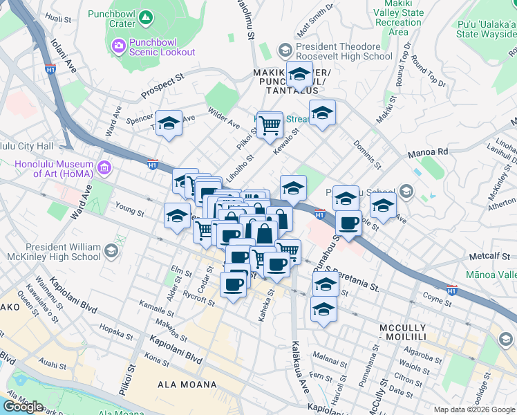 map of restaurants, bars, coffee shops, grocery stores, and more near 1333 Matlock Avenue in Honolulu