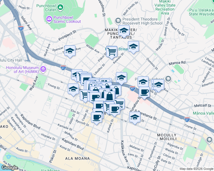 map of restaurants, bars, coffee shops, grocery stores, and more near in Honolulu