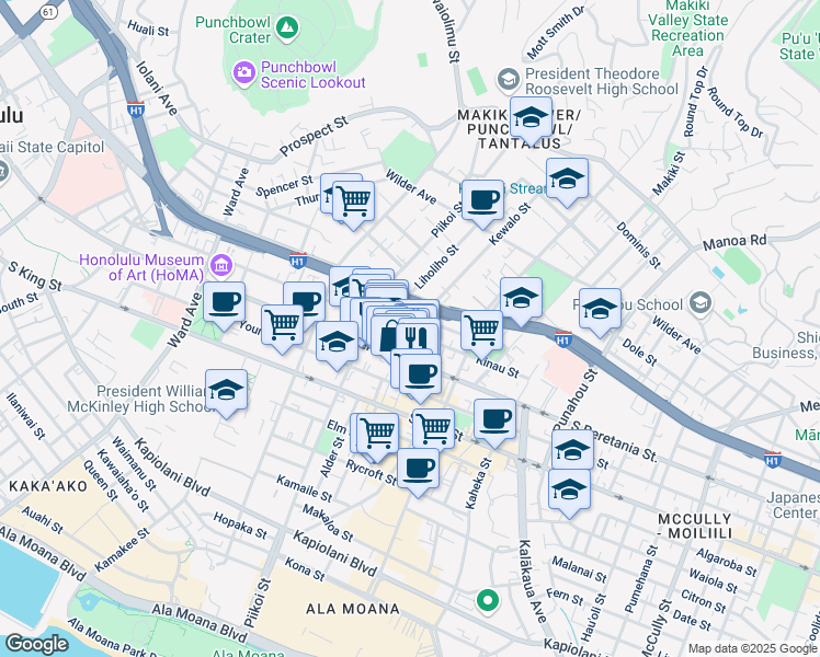 map of restaurants, bars, coffee shops, grocery stores, and more near 1234 South Beretania Street in Honolulu