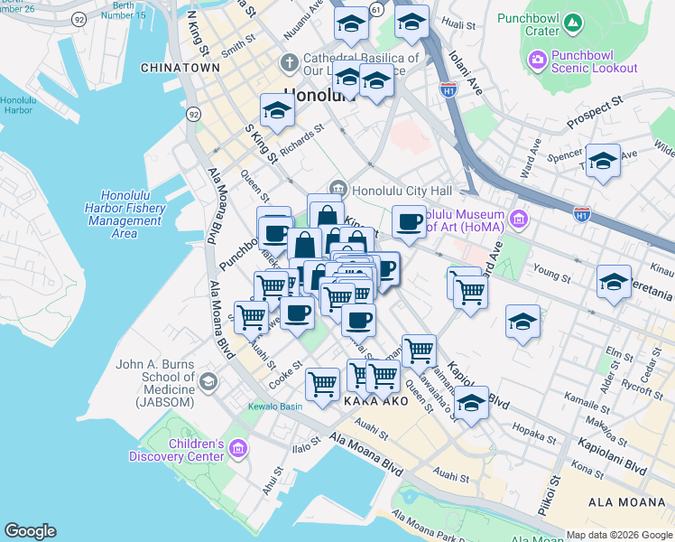 map of restaurants, bars, coffee shops, grocery stores, and more near 729B Emily Street in Honolulu