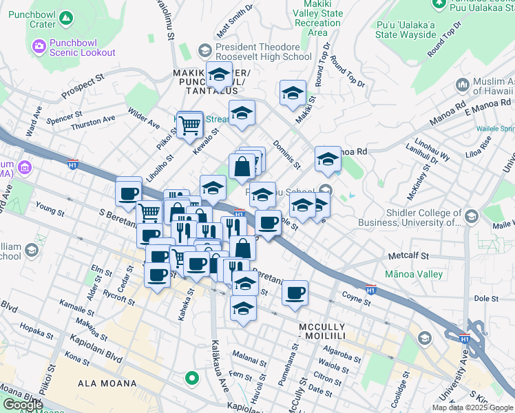 map of restaurants, bars, coffee shops, grocery stores, and more near 1434 Punahou Street in Honolulu