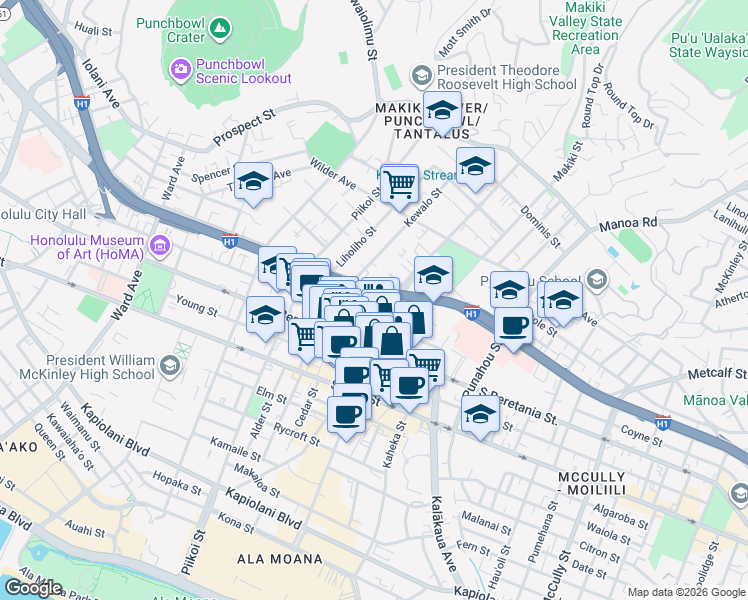 map of restaurants, bars, coffee shops, grocery stores, and more near 1333 Matlock Avenue in Honolulu