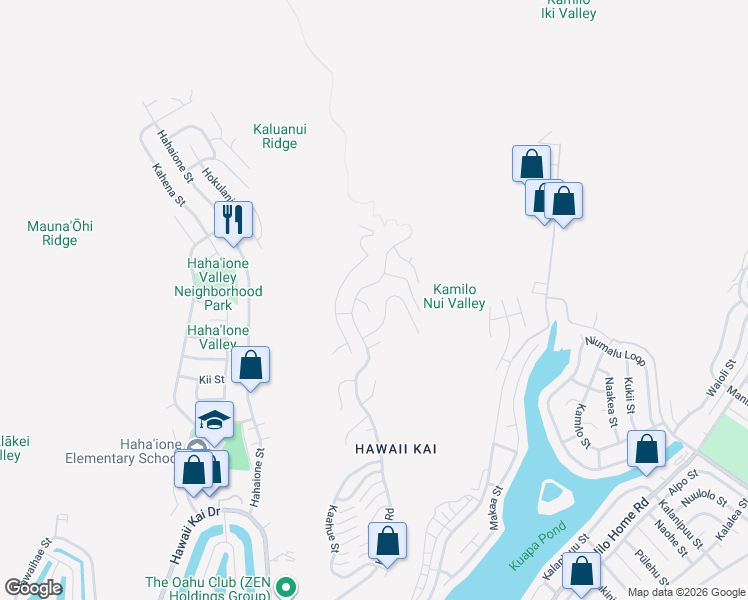 map of restaurants, bars, coffee shops, grocery stores, and more near 1059 Kamookoa Place in Honolulu