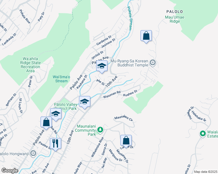 map of restaurants, bars, coffee shops, grocery stores, and more near 2311 10th Avenue Place in Honolulu