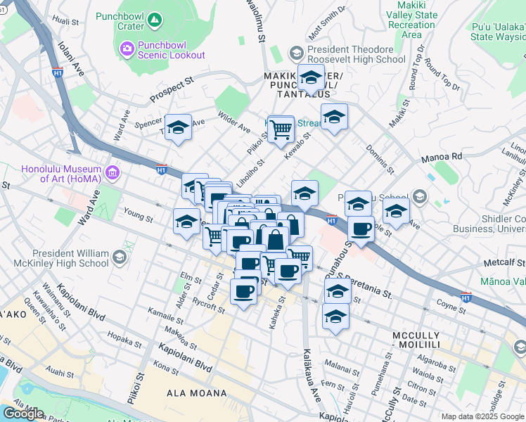 map of restaurants, bars, coffee shops, grocery stores, and more near 1333 Matlock Avenue in Honolulu