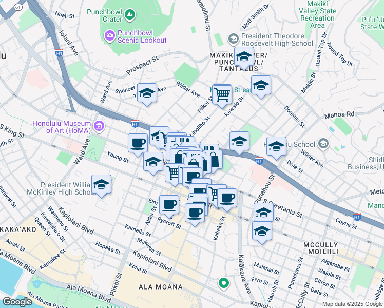 map of restaurants, bars, coffee shops, grocery stores, and more near 1321 Kinau Street in Honolulu