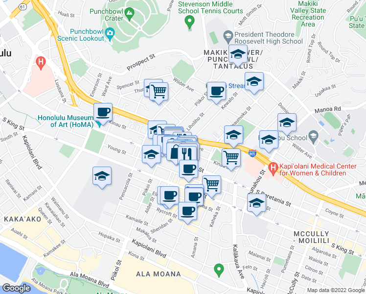map of restaurants, bars, coffee shops, grocery stores, and more near 1234 South Beretania Street in Honolulu
