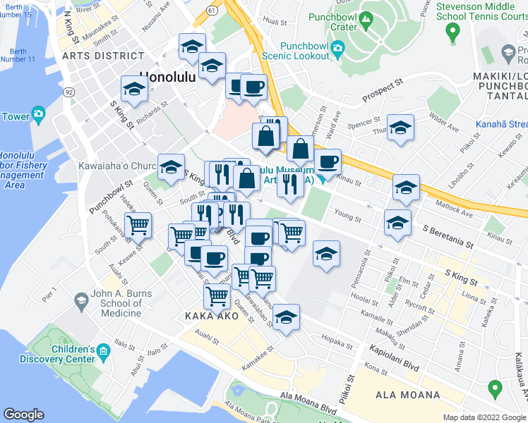 map of restaurants, bars, coffee shops, grocery stores, and more near 788 South King Street in Honolulu