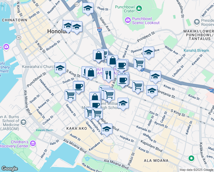 map of restaurants, bars, coffee shops, grocery stores, and more near 888 South King Street in Honolulu