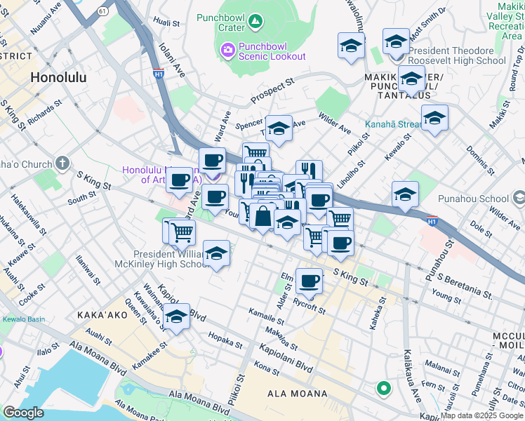 map of restaurants, bars, coffee shops, grocery stores, and more near 1095 Kinau Street in Honolulu