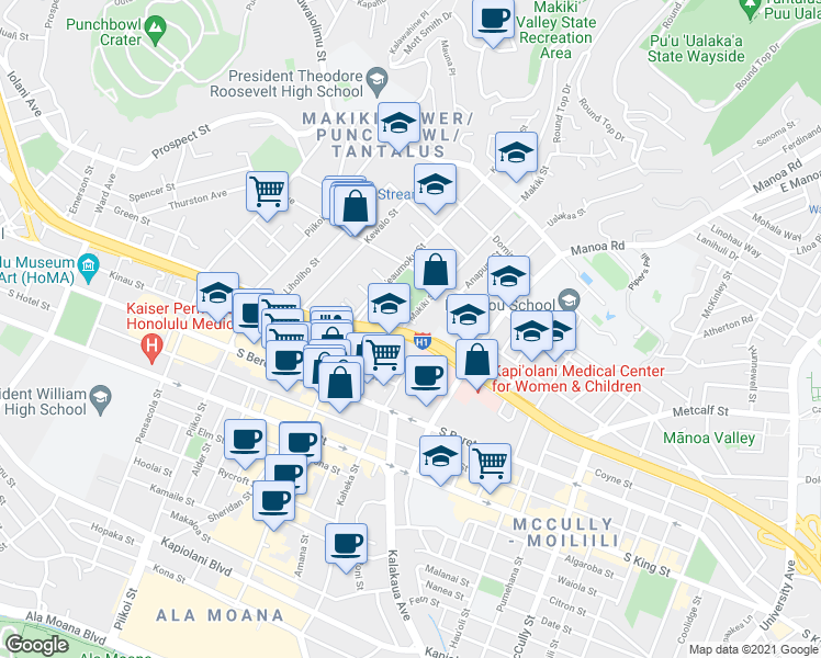 map of restaurants, bars, coffee shops, grocery stores, and more near in Honolulu