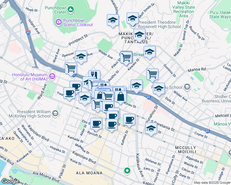map of restaurants, bars, coffee shops, grocery stores, and more near 1400 Kewalo Street in Honolulu