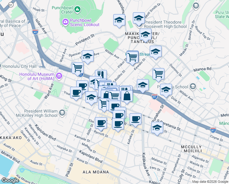 map of restaurants, bars, coffee shops, grocery stores, and more near 1400 Kewalo Street in Honolulu