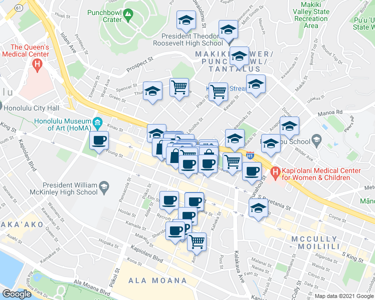 map of restaurants, bars, coffee shops, grocery stores, and more near 1400 Kewalo Street in Honolulu