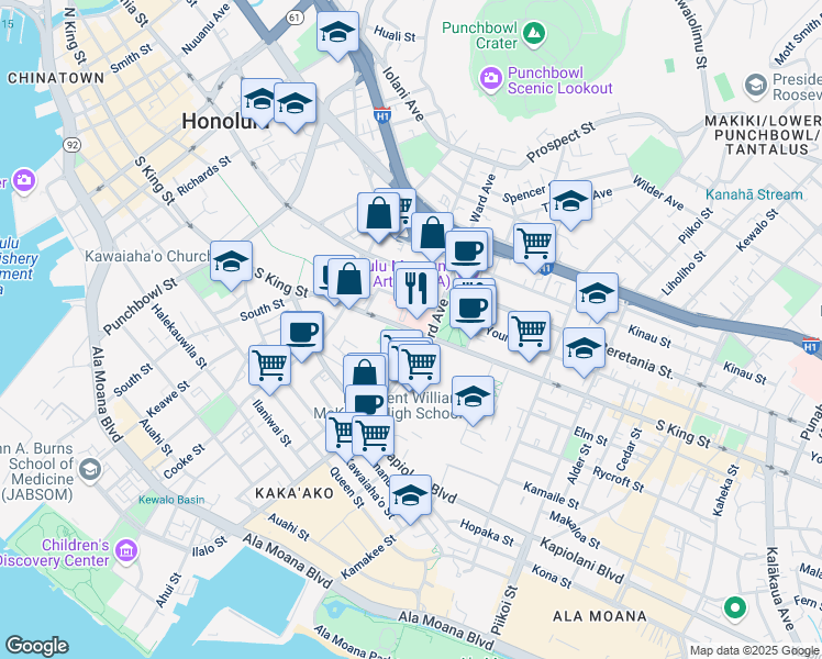 map of restaurants, bars, coffee shops, grocery stores, and more near 888 South King Street in Honolulu