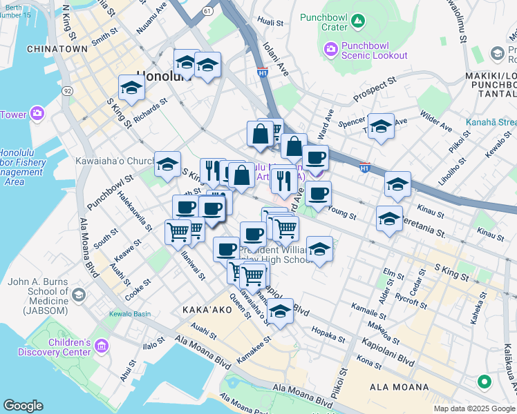 map of restaurants, bars, coffee shops, grocery stores, and more near 788 South King Street in Honolulu