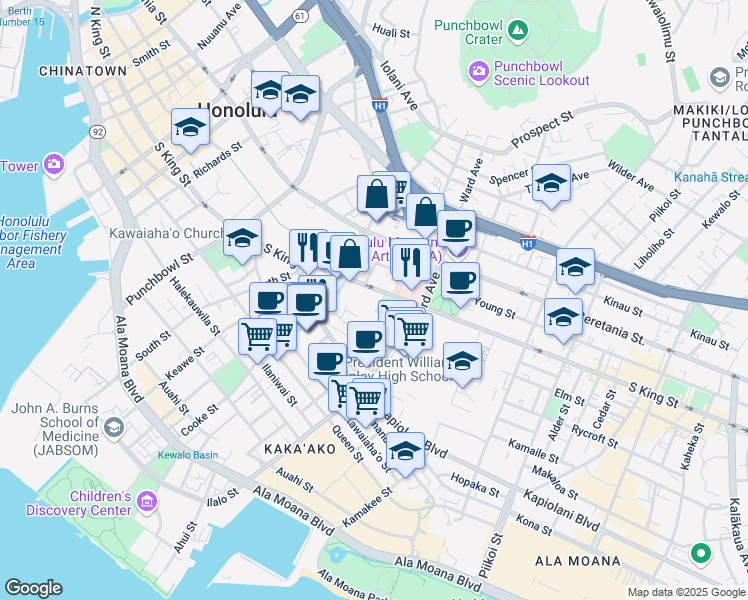 map of restaurants, bars, coffee shops, grocery stores, and more near 801 South King Street in Honolulu