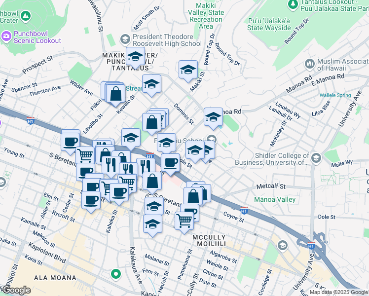 map of restaurants, bars, coffee shops, grocery stores, and more near 1561 Wilder Avenue in Honolulu