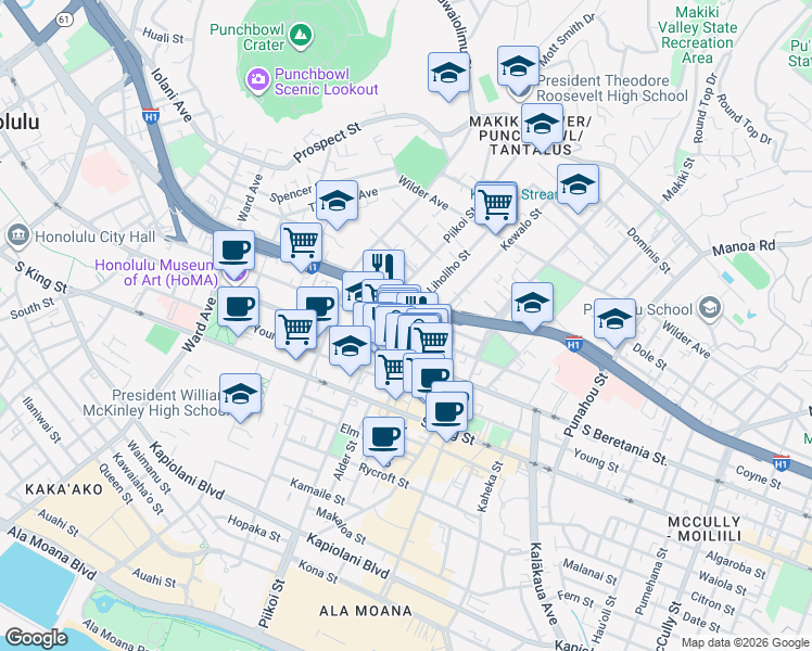 map of restaurants, bars, coffee shops, grocery stores, and more near 1214 Matlock Avenue in Honolulu