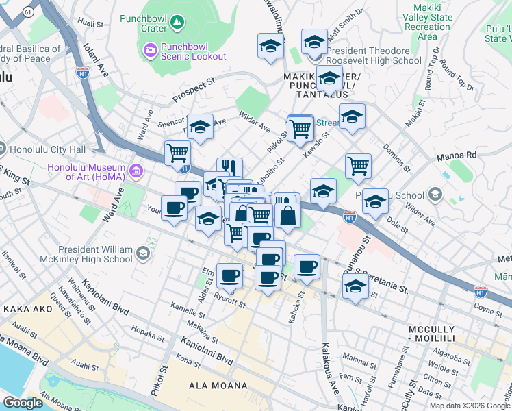 map of restaurants, bars, coffee shops, grocery stores, and more near 1400 Kewalo Street in Honolulu