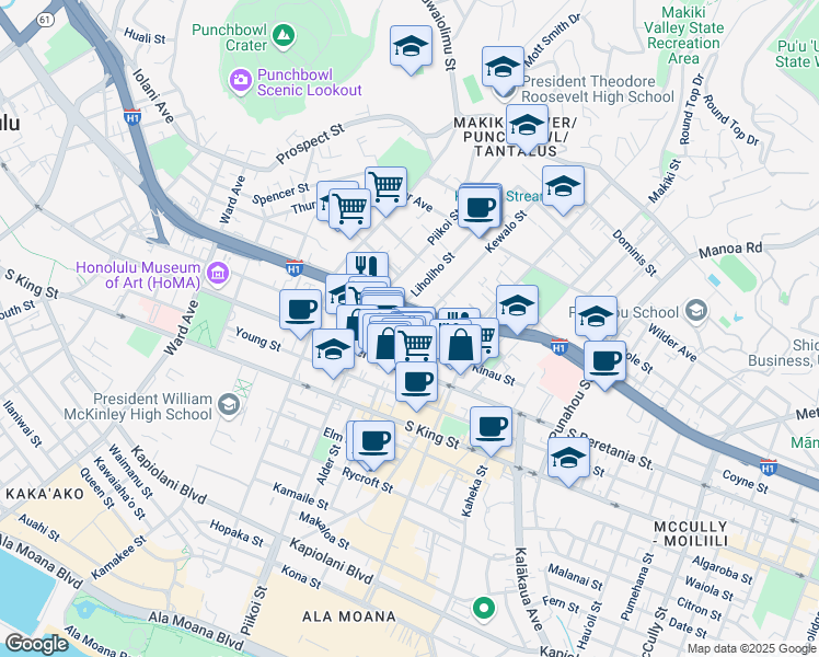 map of restaurants, bars, coffee shops, grocery stores, and more near 1249 Matlock Avenue in Honolulu