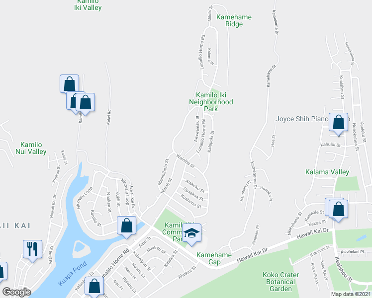 map of restaurants, bars, coffee shops, grocery stores, and more near 1115 Wainiha Street in Honolulu