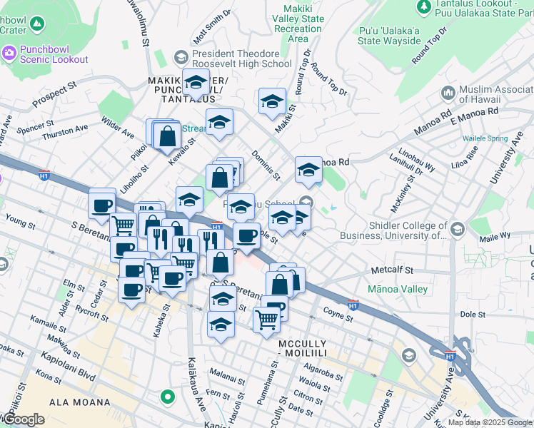 map of restaurants, bars, coffee shops, grocery stores, and more near 1561 Wilder Avenue in Honolulu