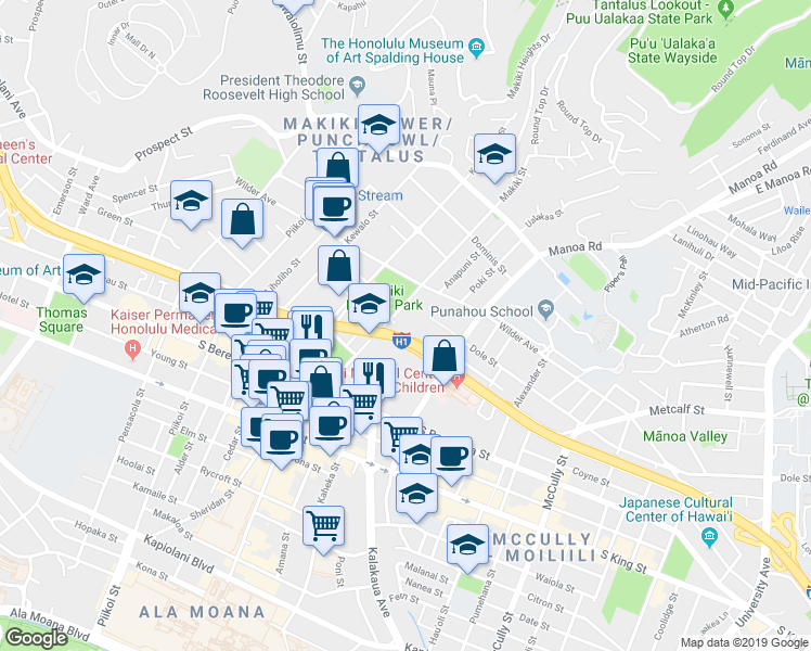 map of restaurants, bars, coffee shops, grocery stores, and more near in Honolulu
