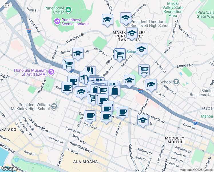 map of restaurants, bars, coffee shops, grocery stores, and more near 1400 Kewalo Street in Honolulu