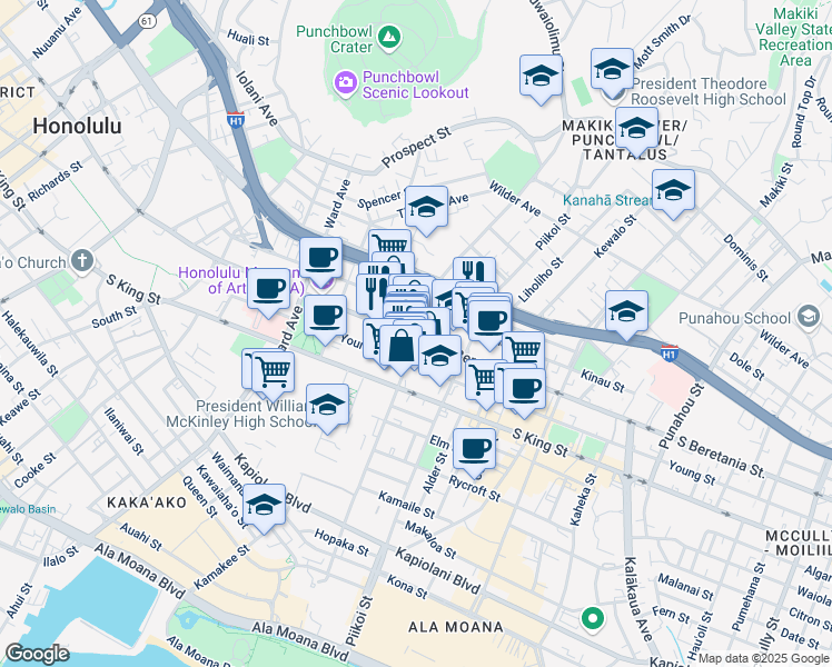 map of restaurants, bars, coffee shops, grocery stores, and more near 1095 Kinau Street in Honolulu
