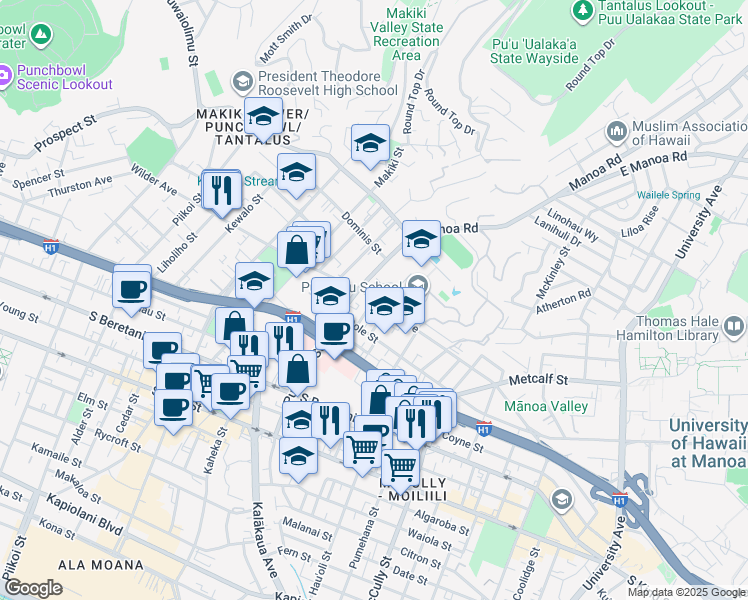 map of restaurants, bars, coffee shops, grocery stores, and more near 1599 Spreckels Street in Honolulu
