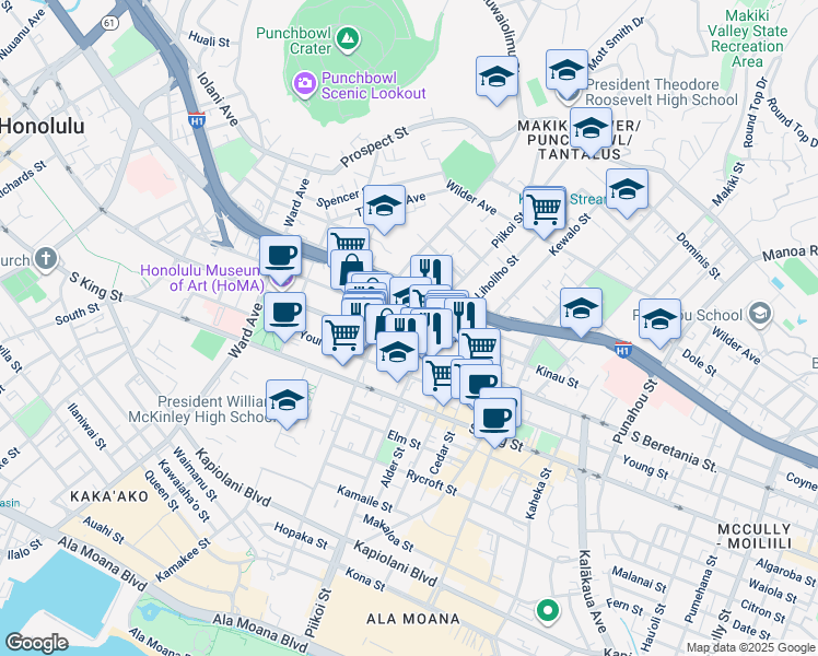 map of restaurants, bars, coffee shops, grocery stores, and more near 1141 Kinau Street in Honolulu
