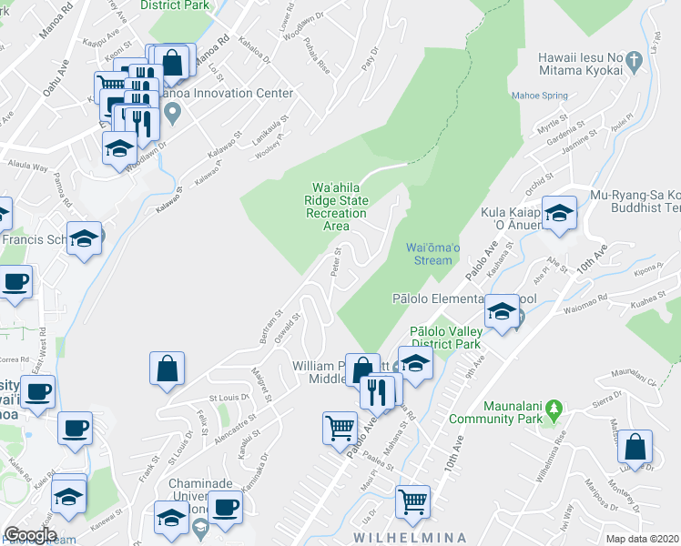 map of restaurants, bars, coffee shops, grocery stores, and more near 2649 Peter Street in Honolulu