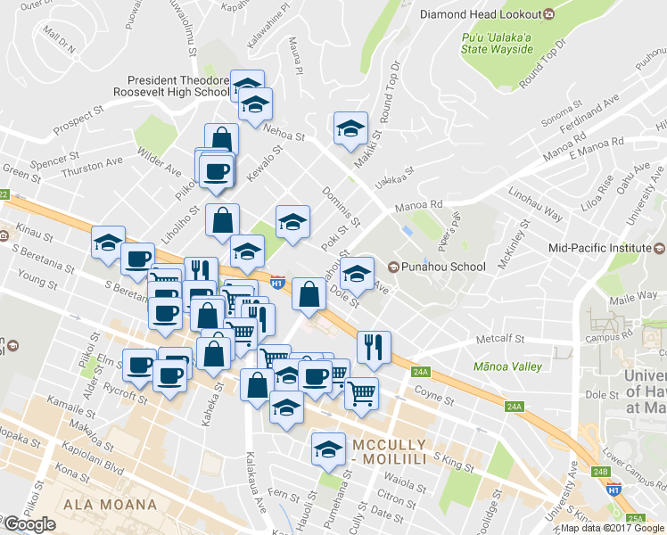 map of restaurants, bars, coffee shops, grocery stores, and more near 1561 Wilder Avenue in Honolulu