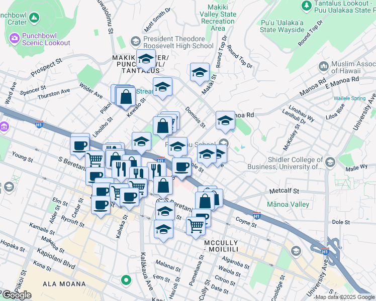 map of restaurants, bars, coffee shops, grocery stores, and more near 1561 Wilder Avenue in Honolulu