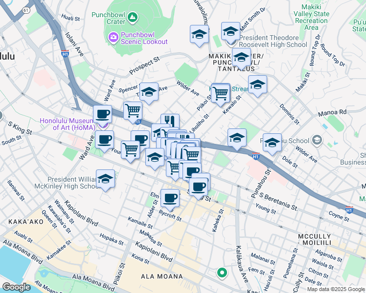 map of restaurants, bars, coffee shops, grocery stores, and more near 1214 Matlock Avenue in Honolulu