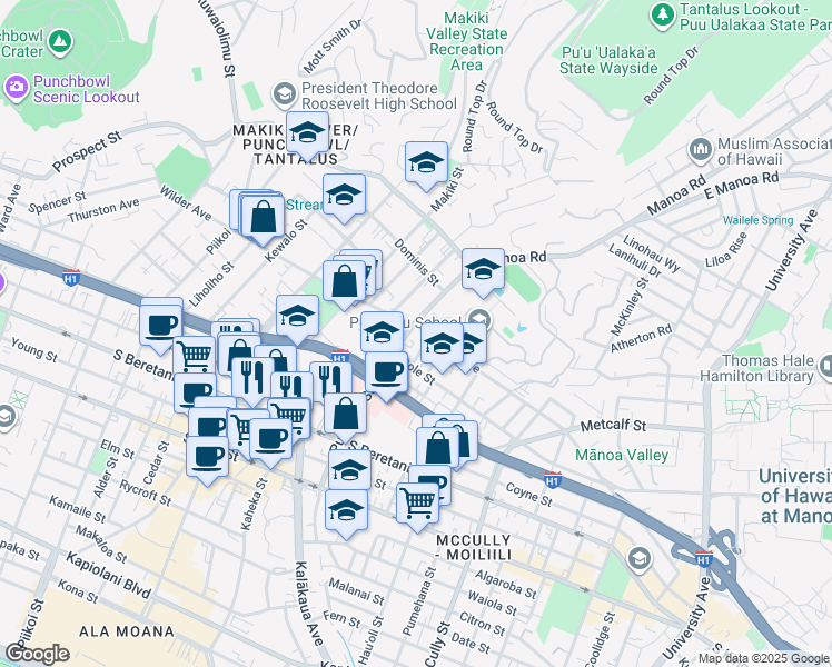 map of restaurants, bars, coffee shops, grocery stores, and more near 1561 Wilder Avenue in Honolulu