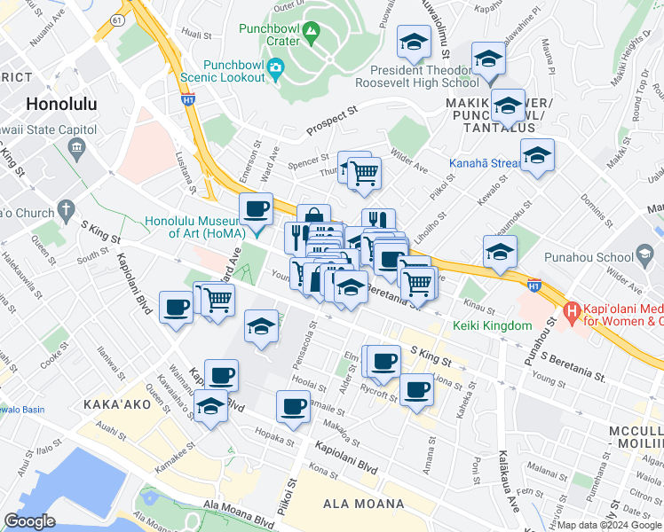 map of restaurants, bars, coffee shops, grocery stores, and more near 1096 South Beretania Street in Honolulu