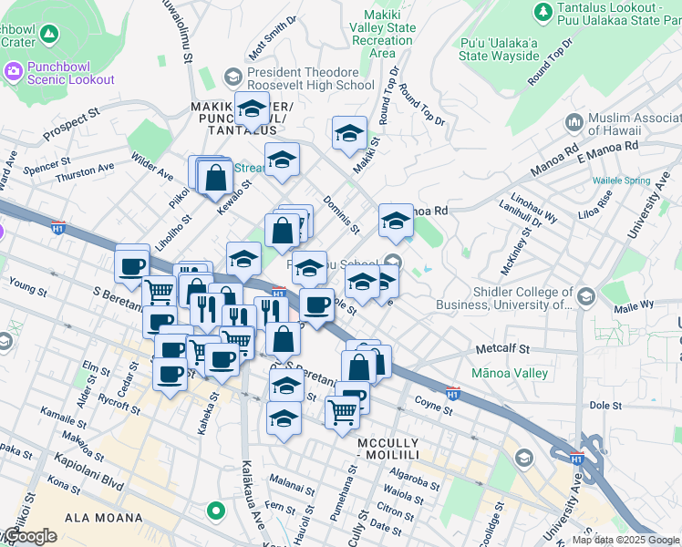 map of restaurants, bars, coffee shops, grocery stores, and more near 1561 Wilder Avenue in Honolulu