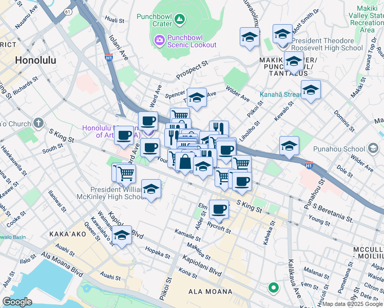 map of restaurants, bars, coffee shops, grocery stores, and more near 1095 Kinau Street in Honolulu