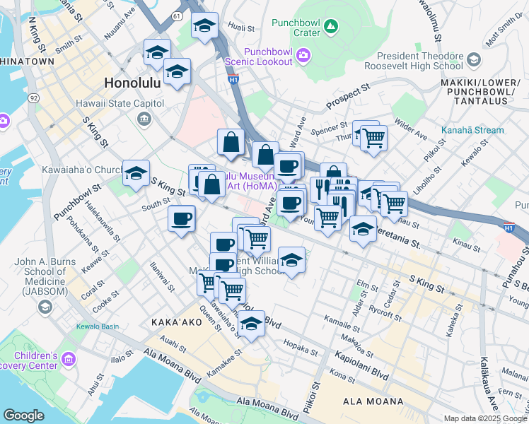 map of restaurants, bars, coffee shops, grocery stores, and more near 888 South King Street in Honolulu
