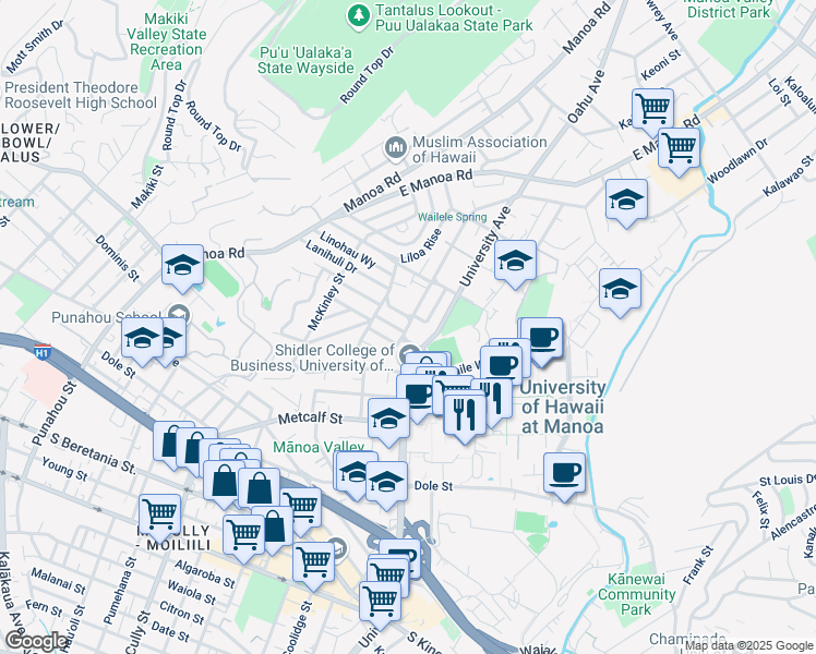 map of restaurants, bars, coffee shops, grocery stores, and more near 2128 Oahu Avenue in Honolulu