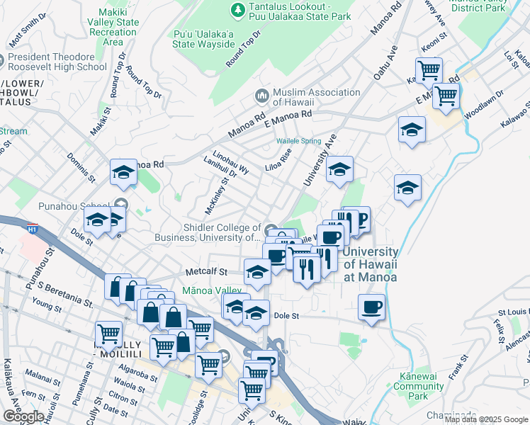 map of restaurants, bars, coffee shops, grocery stores, and more near 2128 Oahu Avenue in Honolulu